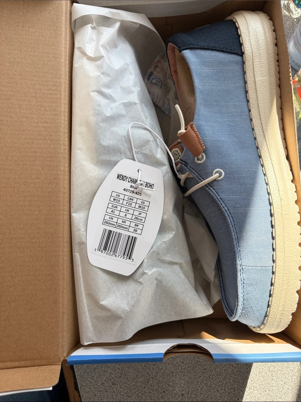 Hey Dude Wendy Chambray Boho Women's Light Blue Slip-On Loafers with Tan Accents